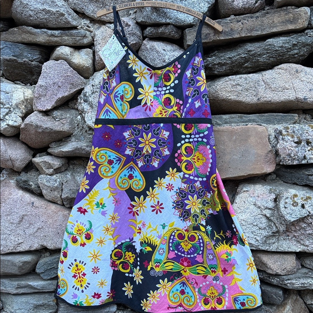🌈 Coline Multicolor Cotton Sundress – Adjustable Straps – Empire Waist – XL